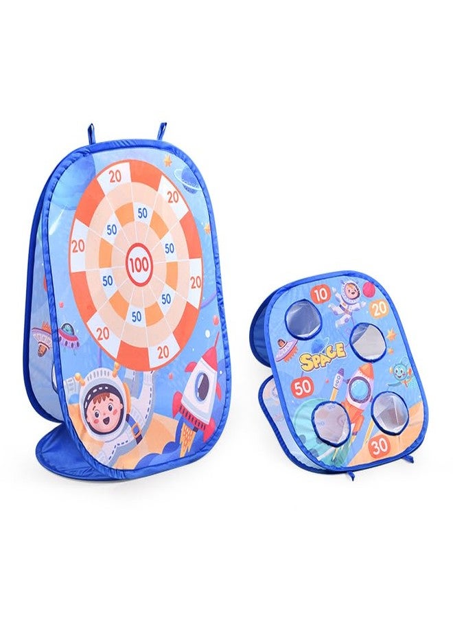 بيبي جو مجموعة ألعاب BabyGo 2 في 1 للأطفال بتصميم فضائي، لوحة رمي السهام ولعبة رمي السهام | لعبة تصويب داخلية وخارجية للأولاد والبنات | 6 كرات لاصقة، 6 سهام، 6 أكياس فاصولياء، لوحة قابلة للطي وحقيبة حمل | لعبة تعليمية ممتعة للأطفال من عمر 3 سنوات فما فوق - Image 1